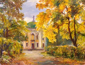 Вид главного дома усадьбы Шереметевых Кусково и Храма Спаса Всемилостивого со стороны Большого Дворцового пруда.